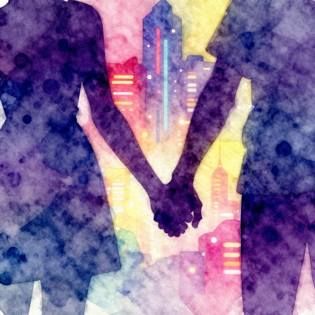 Vibrant watercolor style. Abstract neon glow, two silhouette...