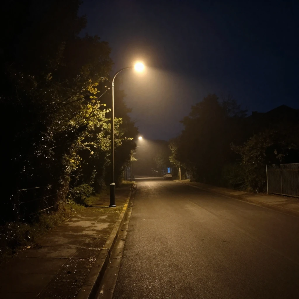 A lone street lamp casting a soft glow on a quiet, empty str...
