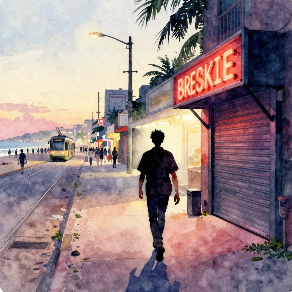 A watercolor painting of a silhouette of a person walking aw...