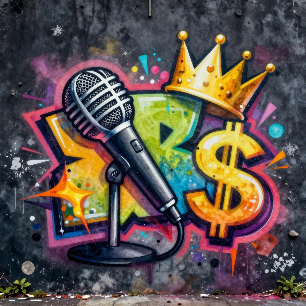 A vibrant watercolor style graffiti art piece on a dark, gri...