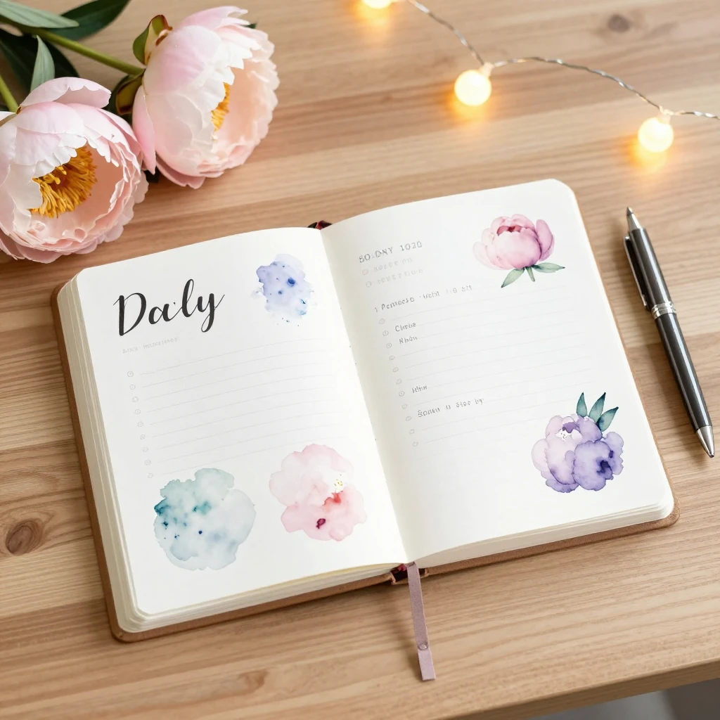 Watercolor illustration of an elegant open daily planner on ...