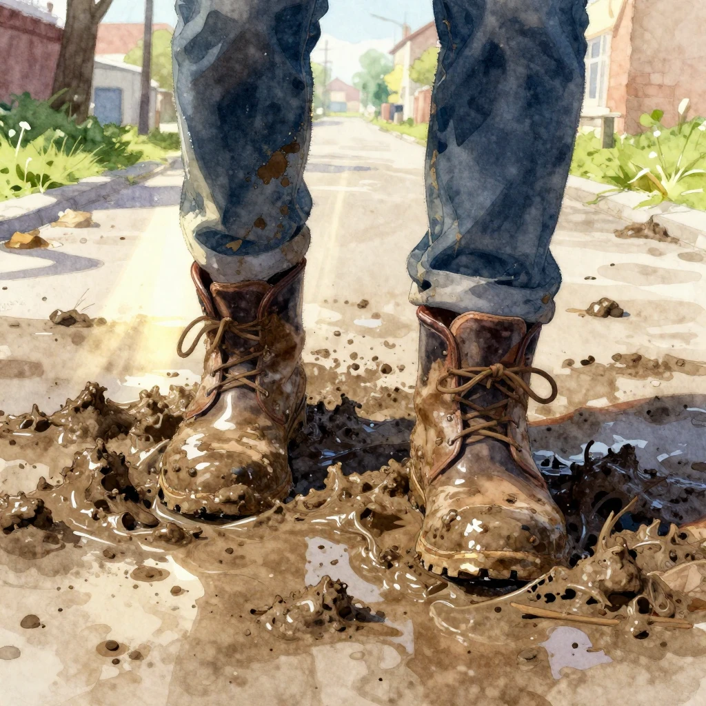 Vibrant watercolor illustration of a muddy, slushy spring st...