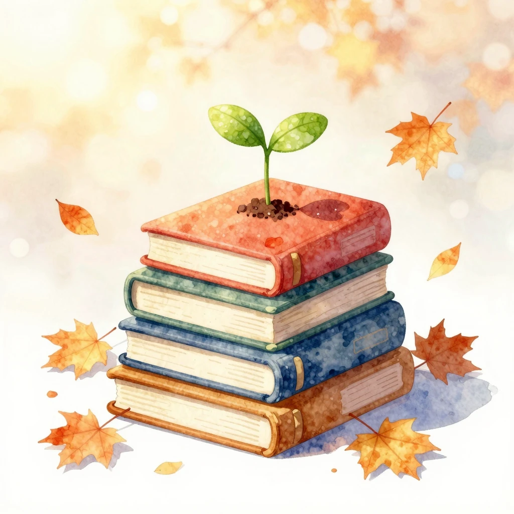 Watercolor style illustration of a stack of colorful books w...
