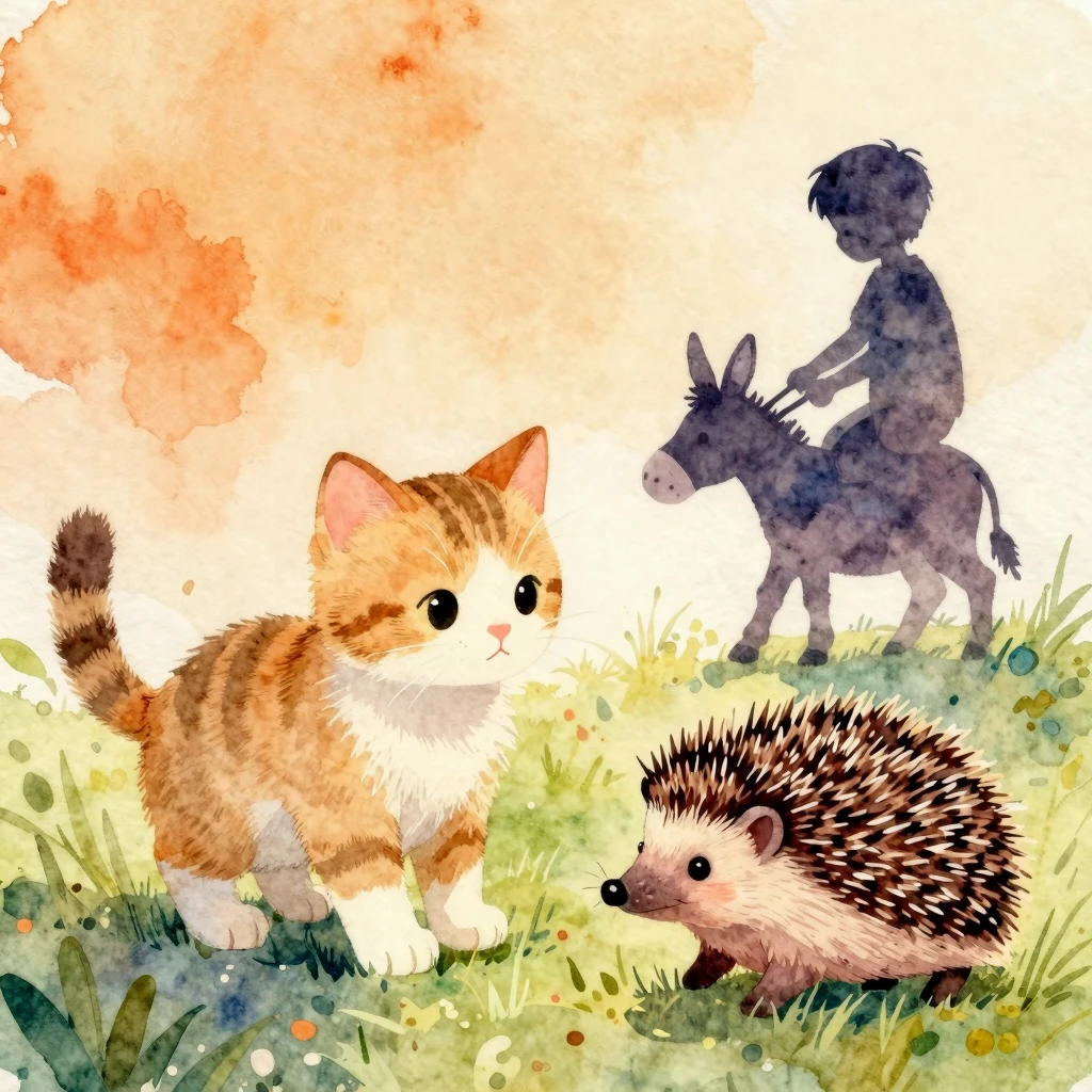 Vibrant watercolor style. A kitten, a hedgehog, and a silhou...