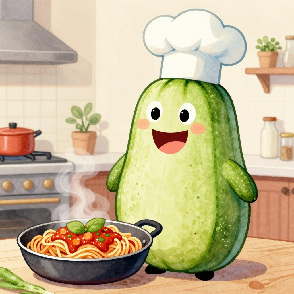 Watercolor painting of a giant smiling zucchini wearing a ch...