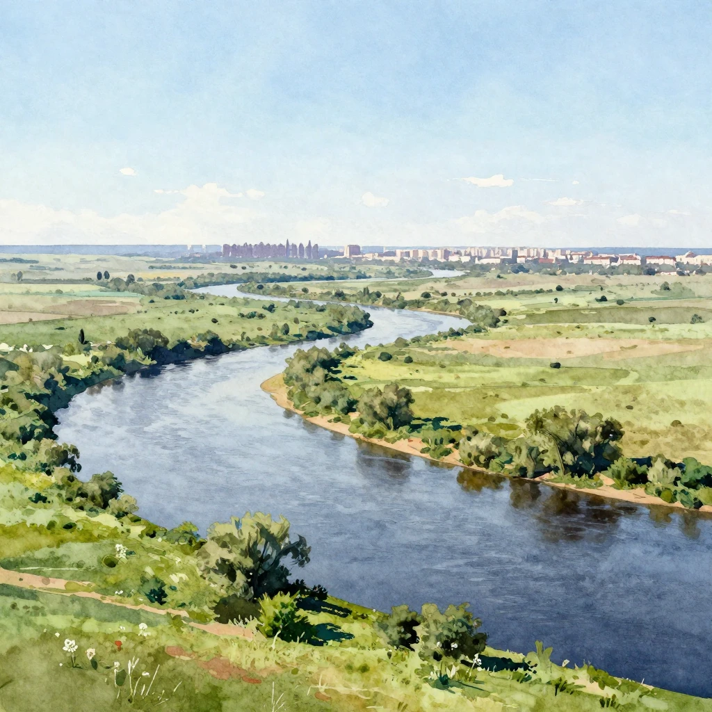 A winding Volga river flowing through a vast steppe landscap...