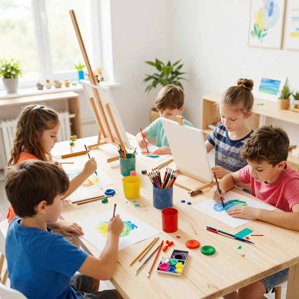 A lively kids art class scene in a bright art studio, with h...