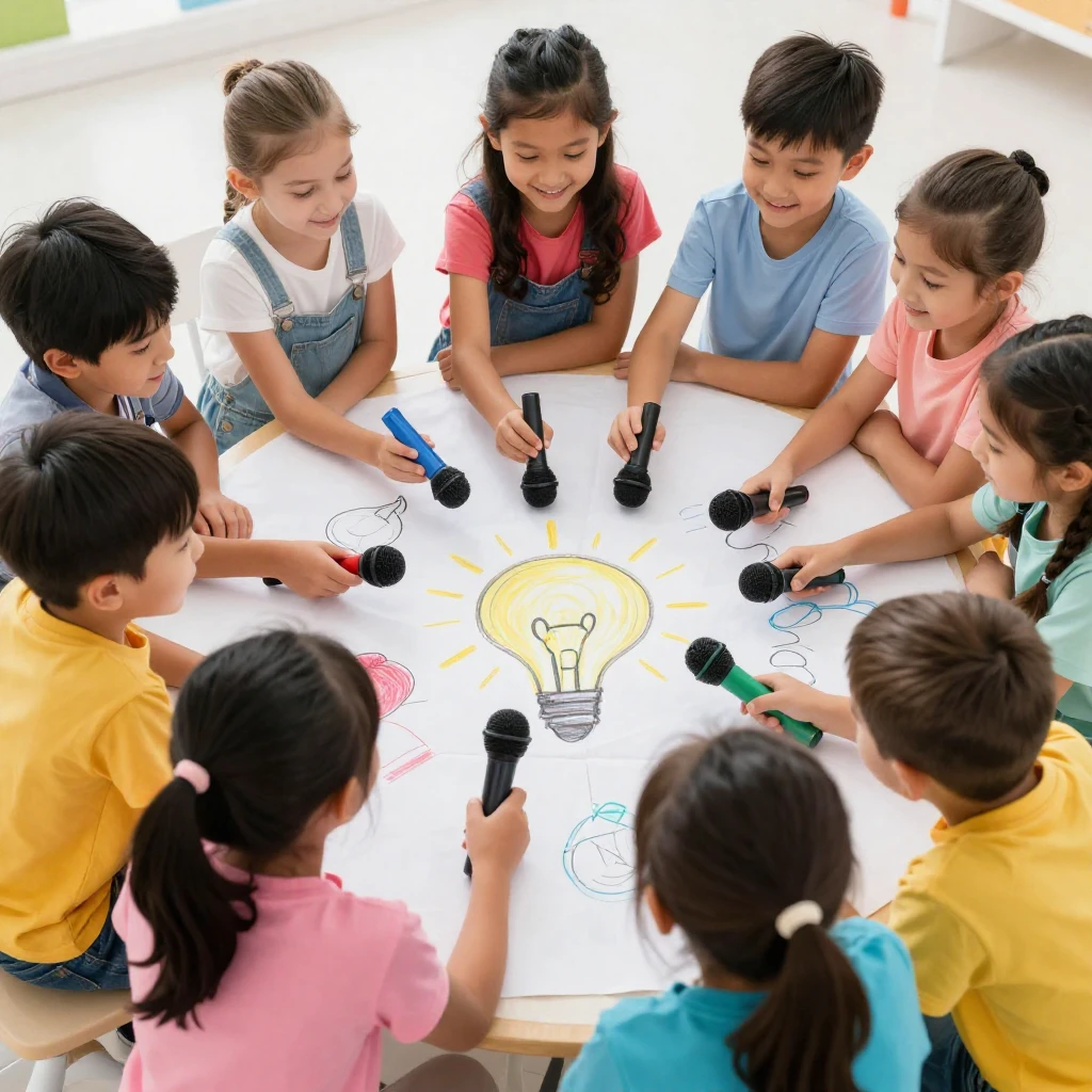 A group of cheerful first-graders collaborating on a school ...