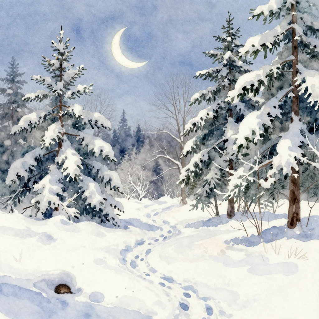 A serene winter landscape with snow-covered trees and a cres...