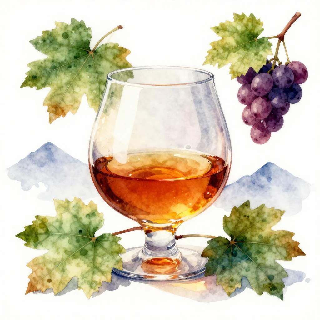 Vibrant watercolor style. A stylized cognac snifter glowing ...