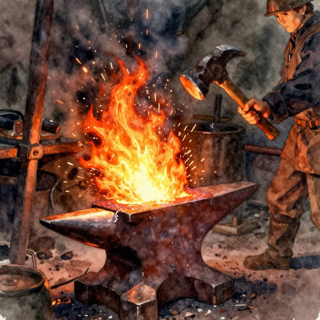 A vibrant watercolor illustration of a fiery forge, with mol...