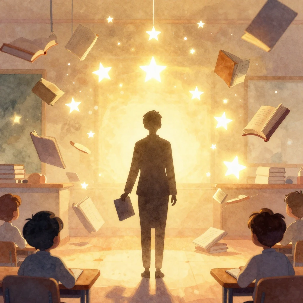 A whimsical classroom scene with a teacher silhouette, glowi...