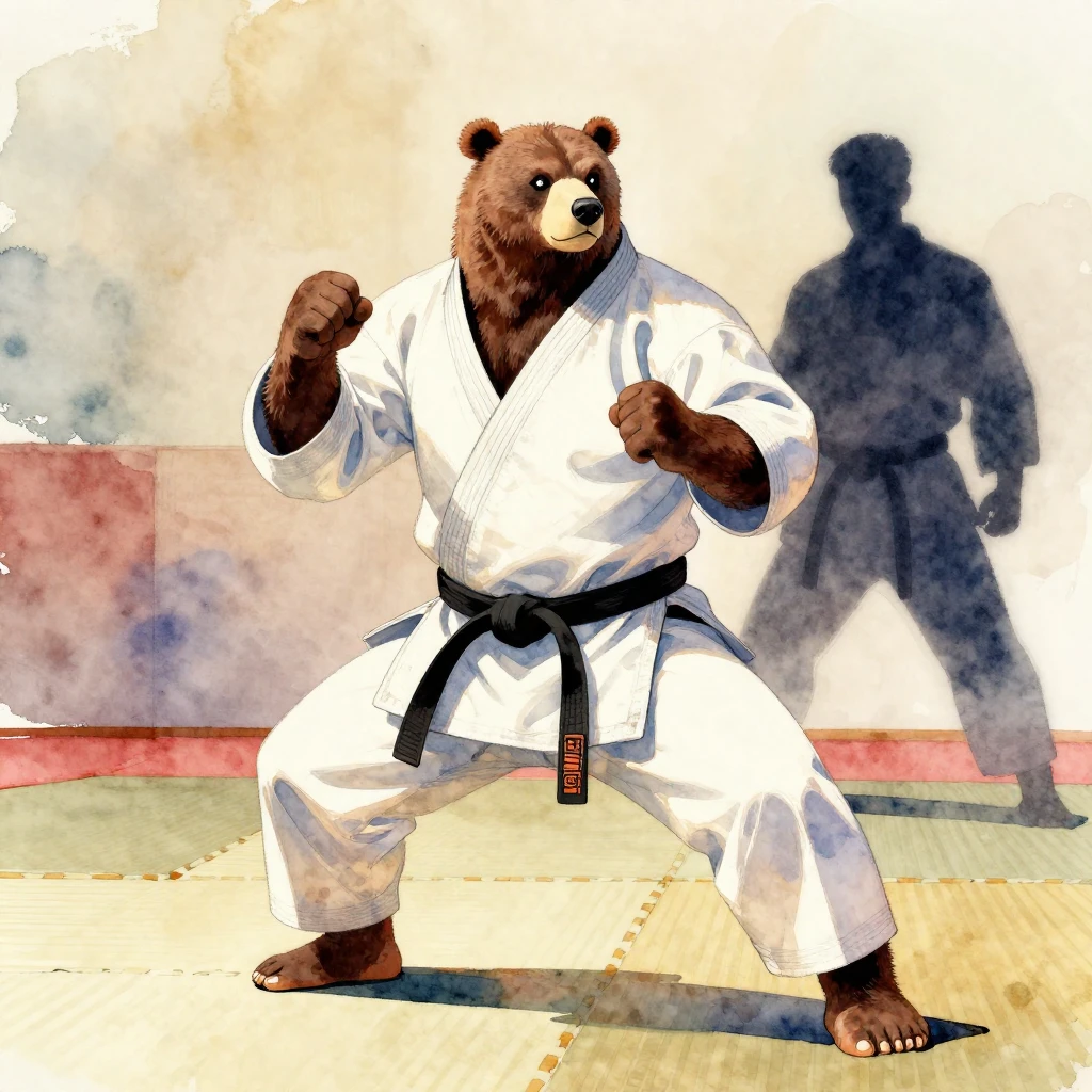 Vibrant watercolor style. A powerful karate bear in a white ...