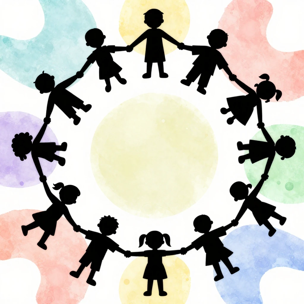Silhouettes of diverse children holding hands in a circle, a...