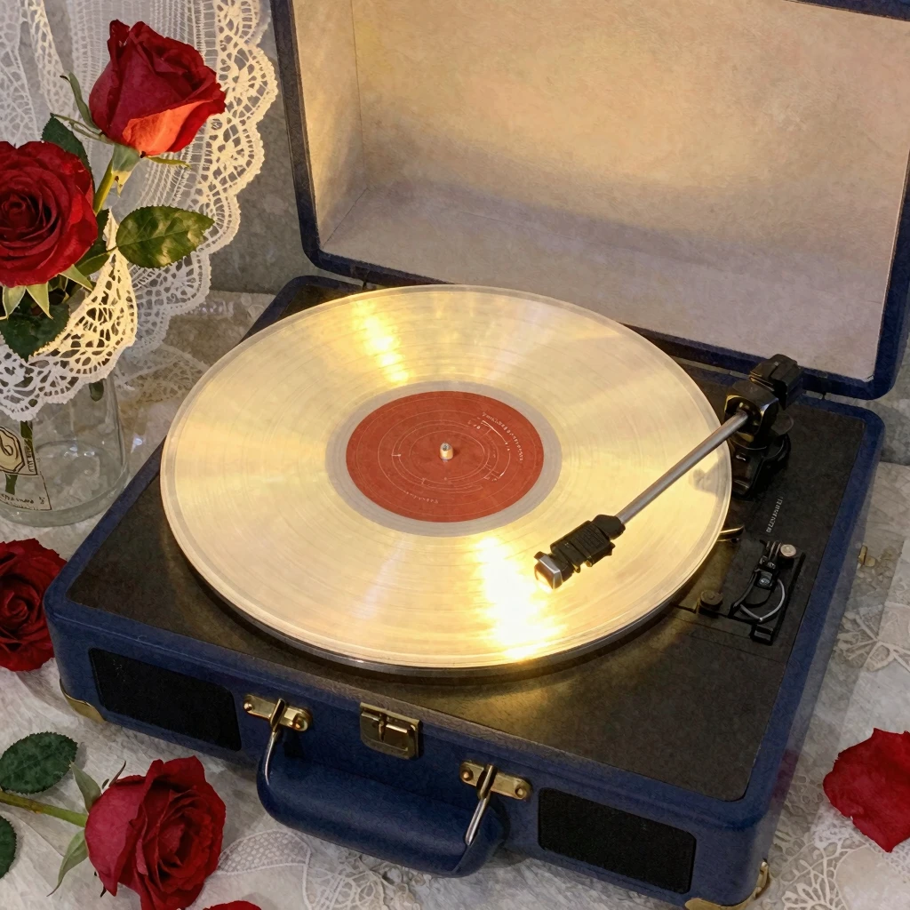 Vintage record player with glowing vinyl, surrounded by red ...