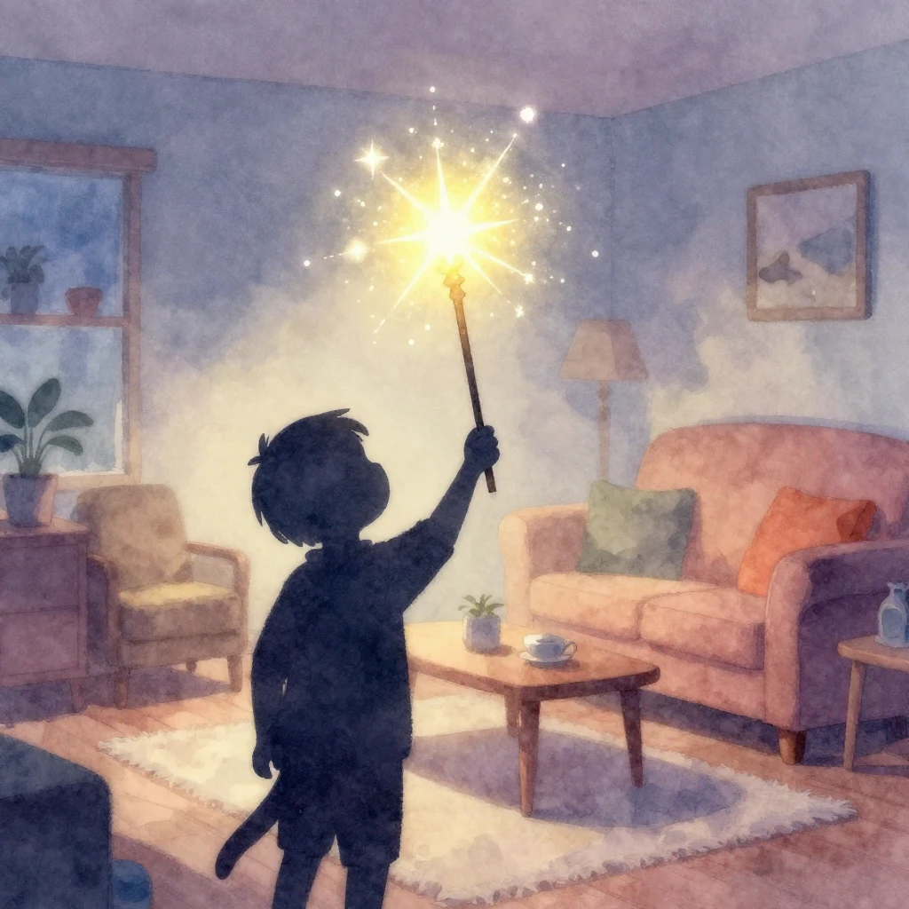 A magical glowing wand casting sparkles over a cozy living r...