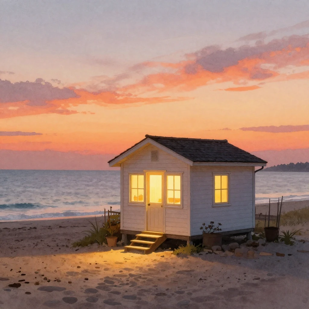 A small, charming, cozy house with warm lights glowing, situ...