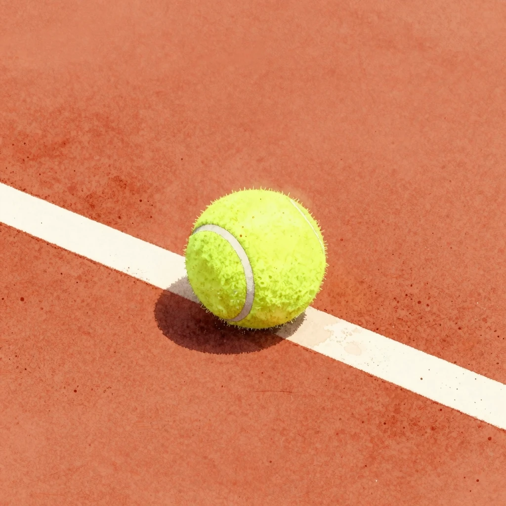 Watercolor painting of a tennis ball on a clay court line, c...