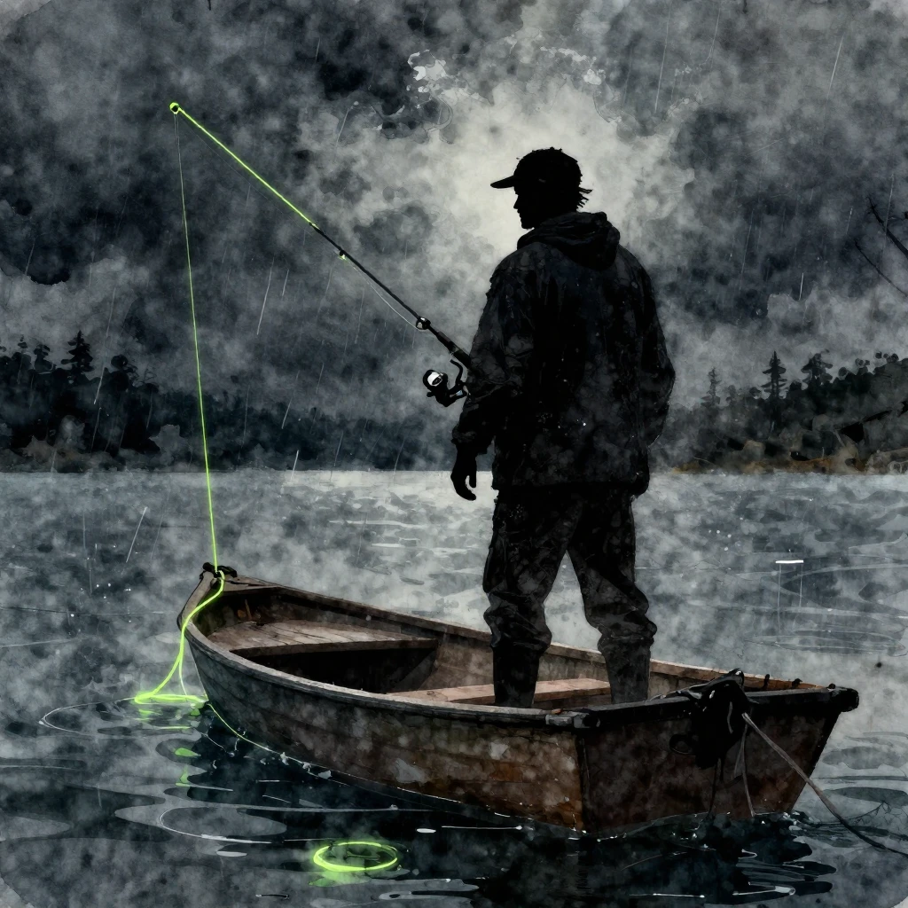 Watercolor style. A dark silhouette of a rugged fisherman st...