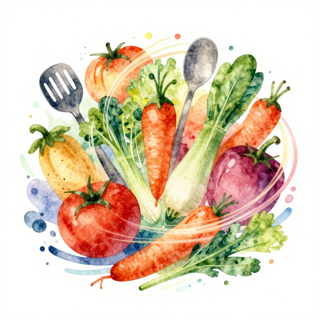 Stylized vegetables and cooking utensils in a dynamic compos...