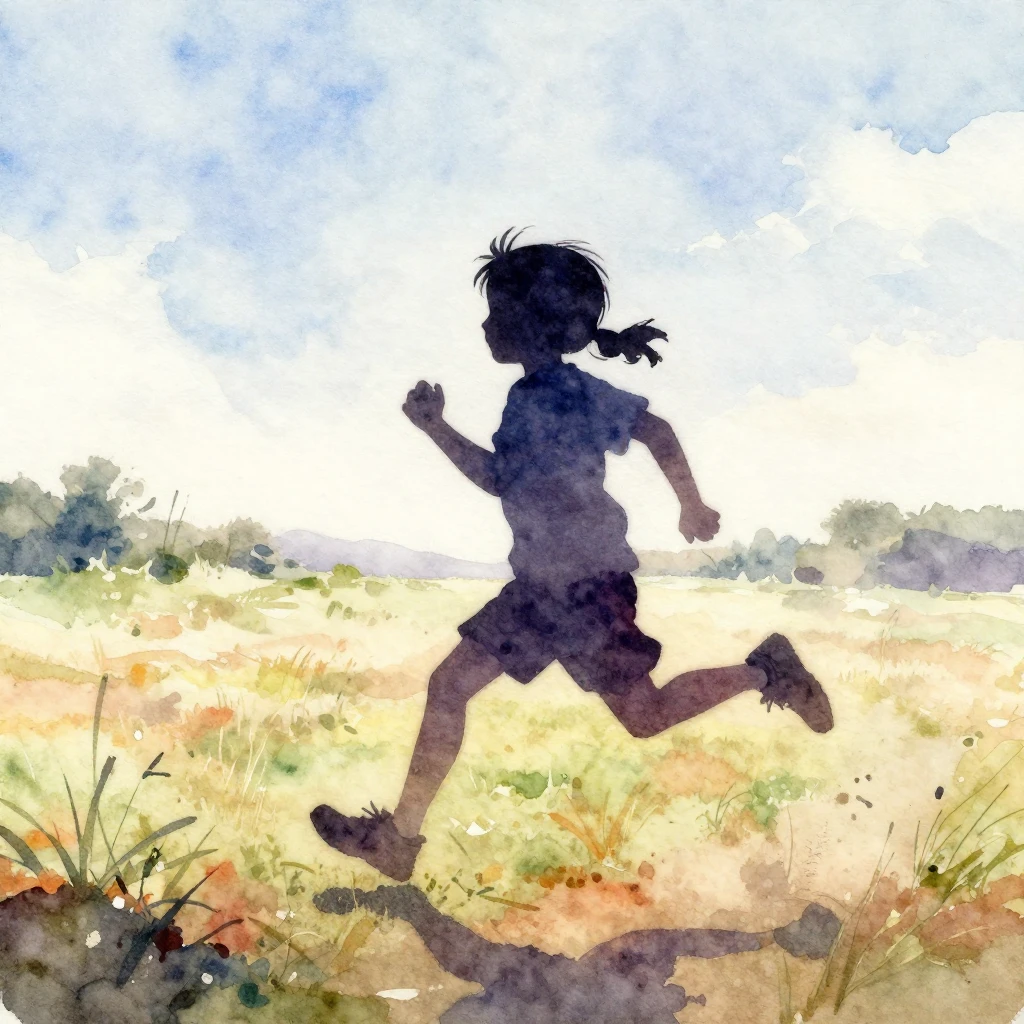 Vibrant watercolor painting of a child's silhouette running ...