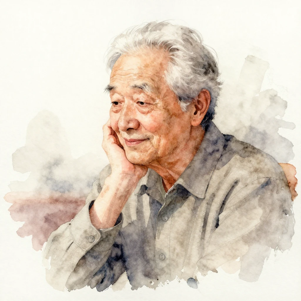 A watercolor painting of an elderly person in a contemplativ...