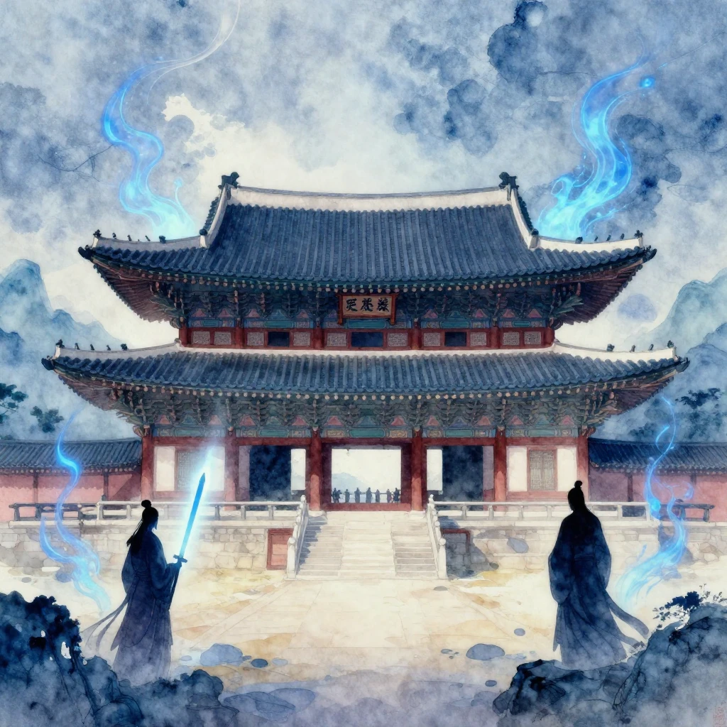 A watercolor fantasy landscape depicting ancient Korean arch...
