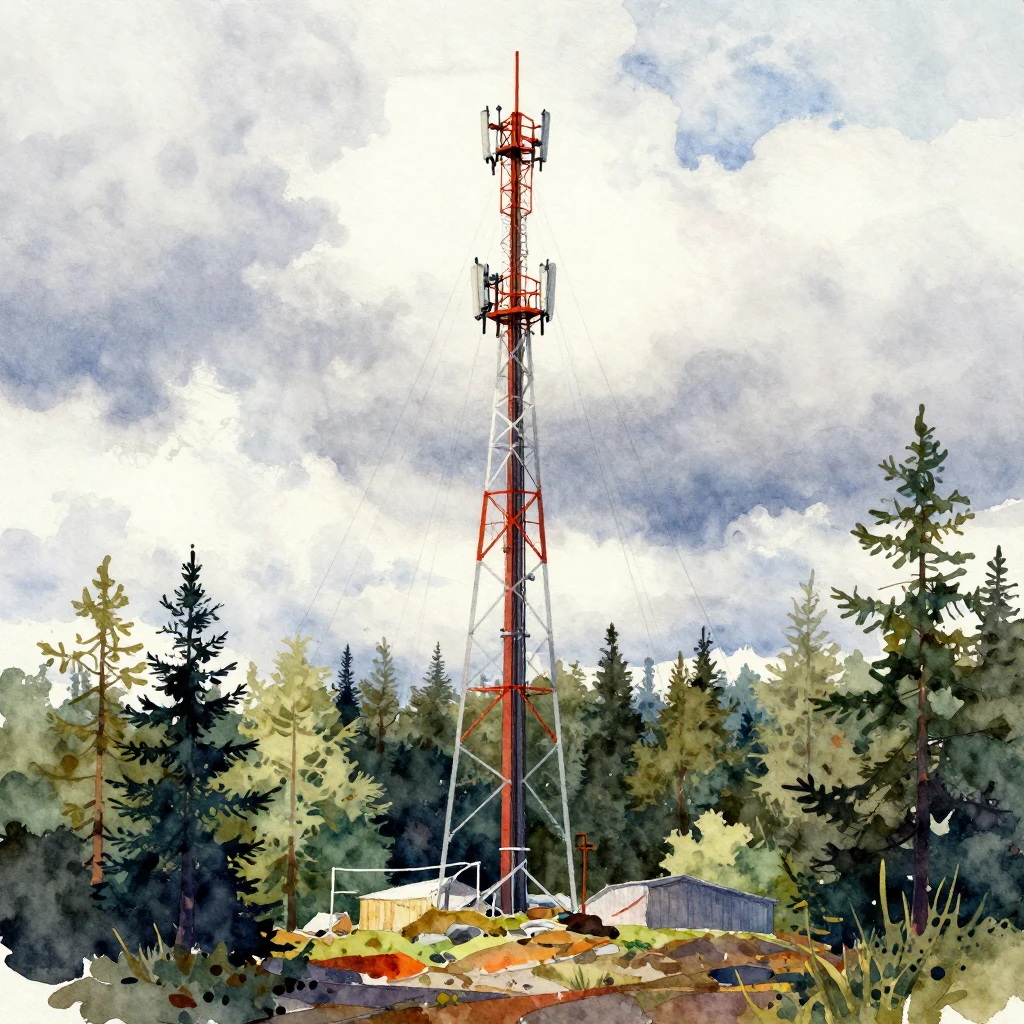 A vibrant watercolor painting of a tall communication mast s...