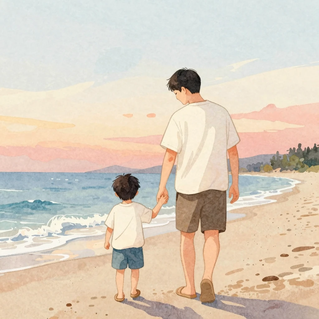 A warm watercolor illustration of a parent and son walking t...