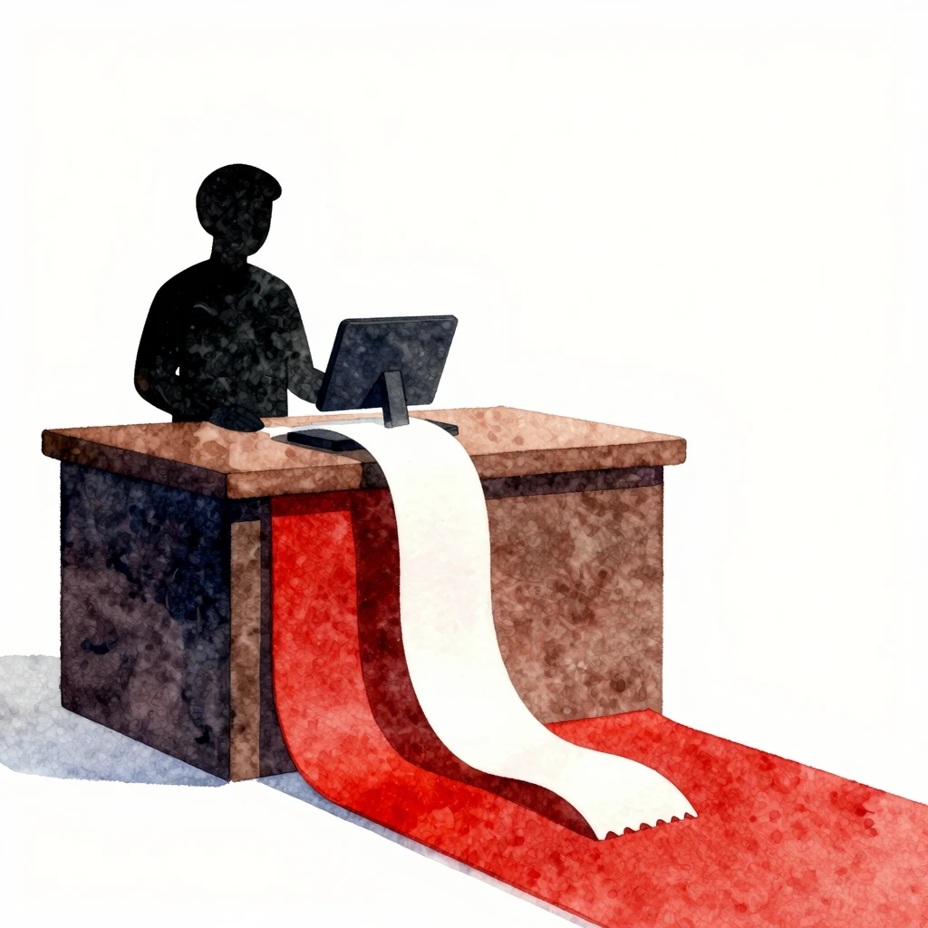Watercolor style, minimalist silhouette of a cashier at a co...