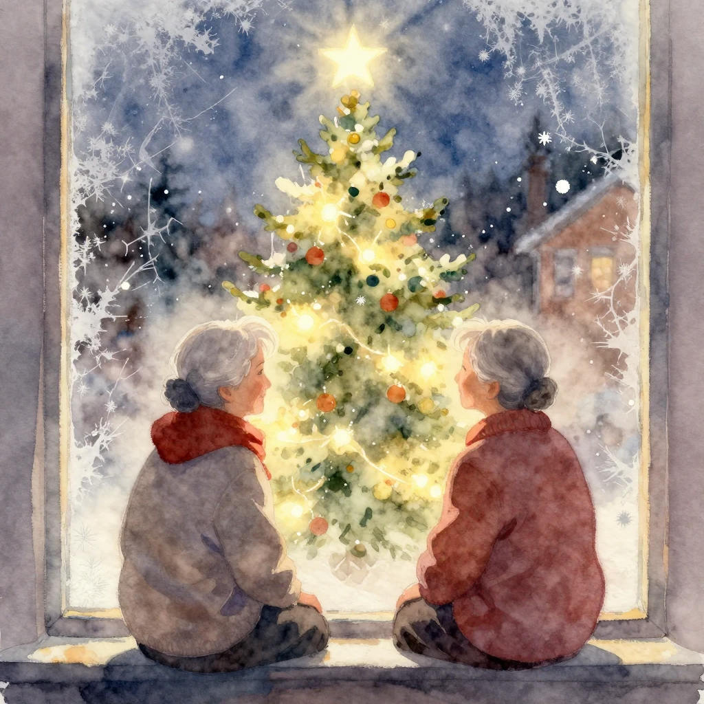 Watercolor painting of two elderly women sitting by a glowin...