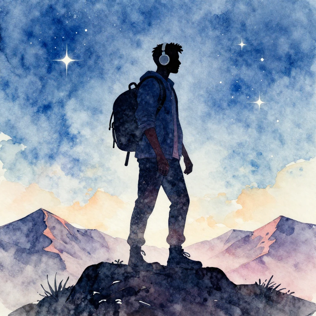 Watercolor style. Silhouette of a man with a backpack and he...