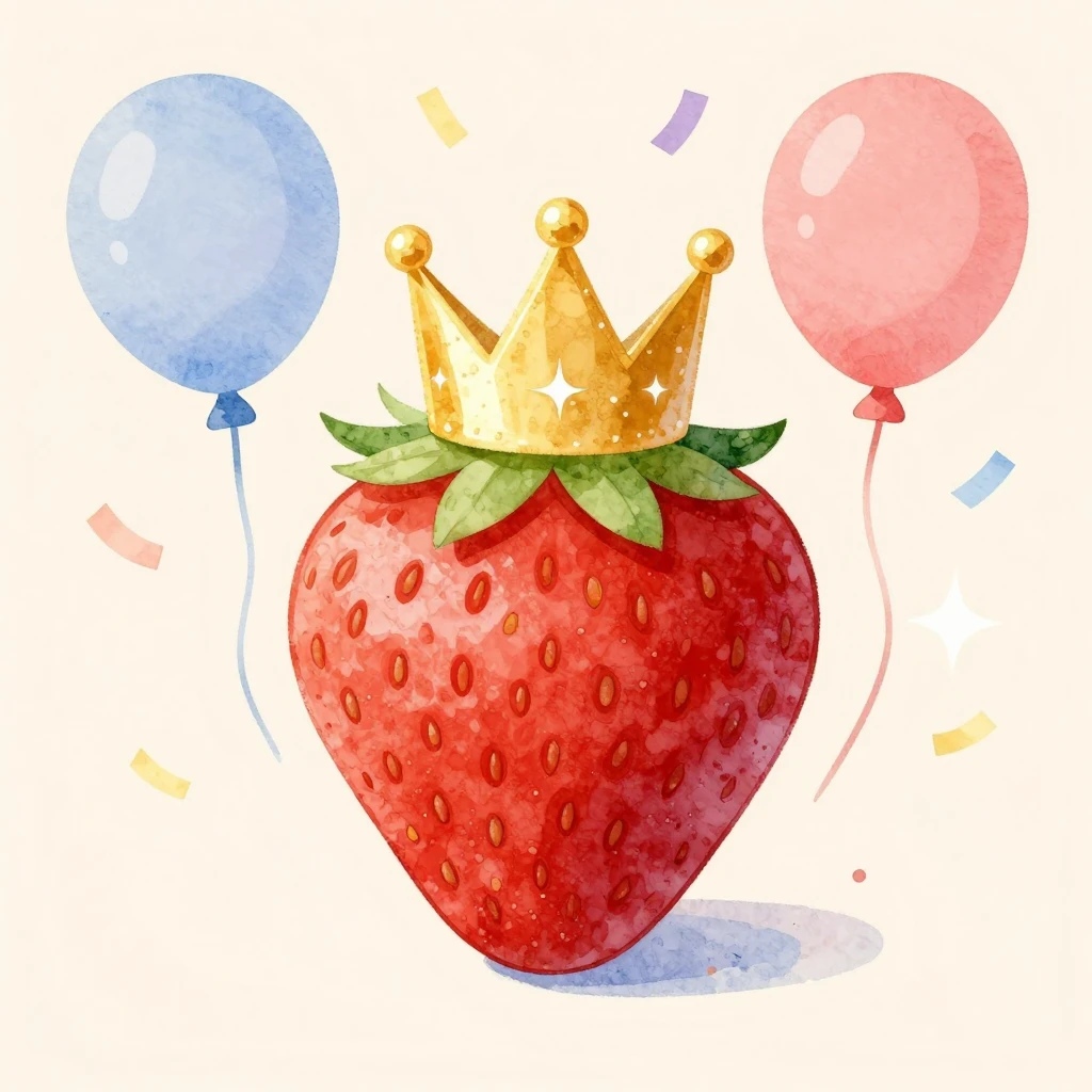 Watercolor style flat illustration of a ripe strawberry wear...