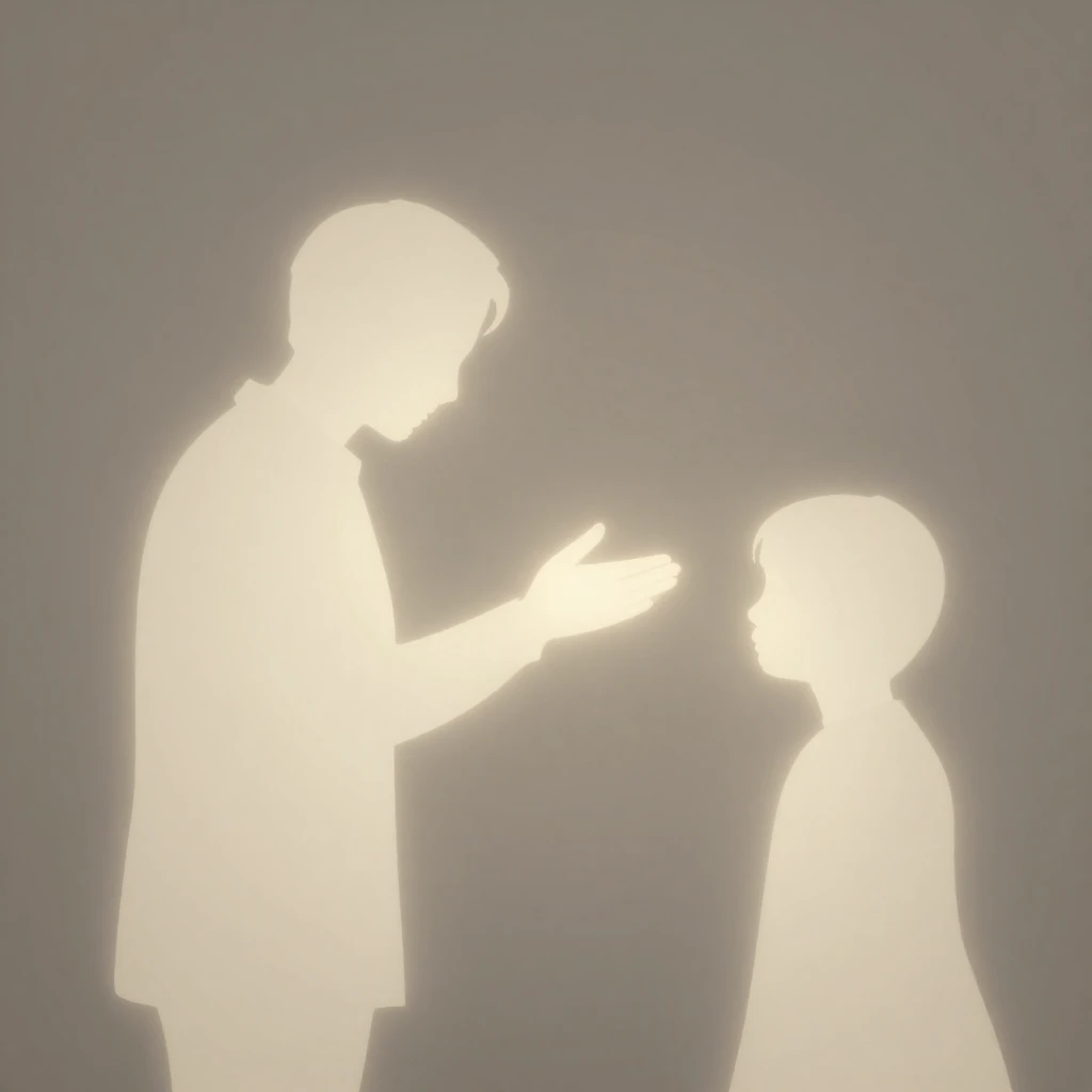 An abstract representation of apology, a single glowing silh...