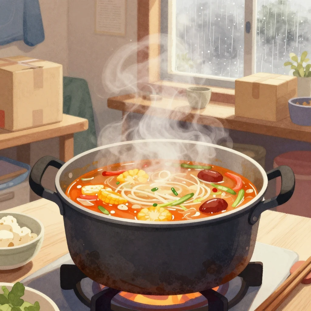 Watercolor style digital art of a big steaming pot of soup i...