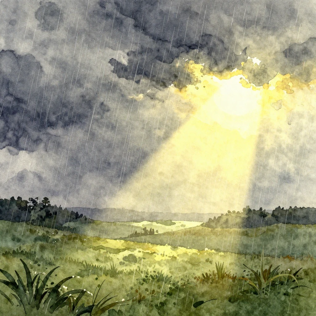 A landscape scene where rain is falling on one side while th...