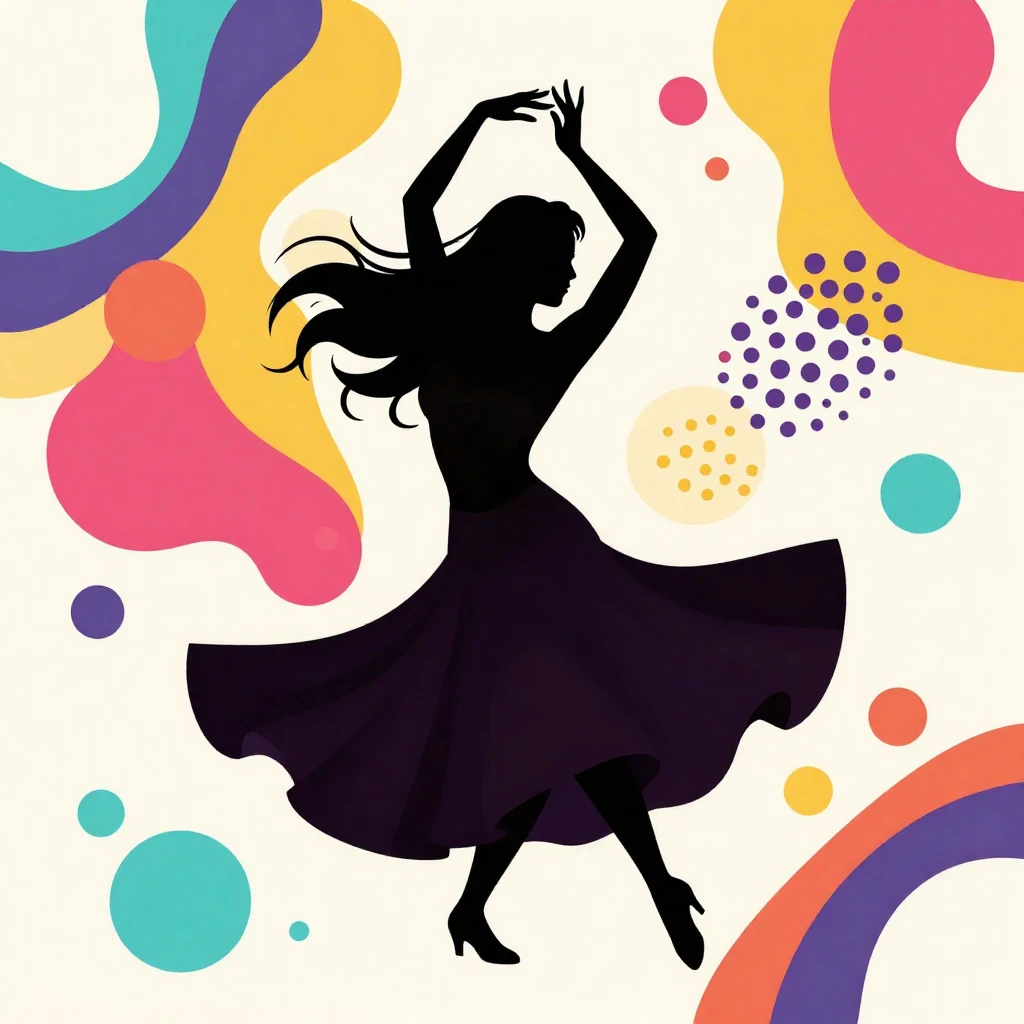 A stylized silhouette of a woman dancing to Latin jazz, surr...