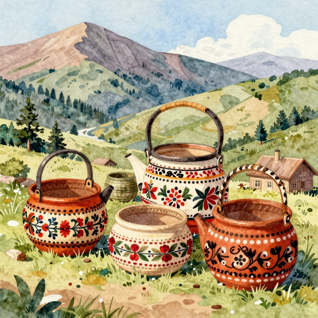 Vibrant watercolor illustration of Kuban folk crafts, showca...