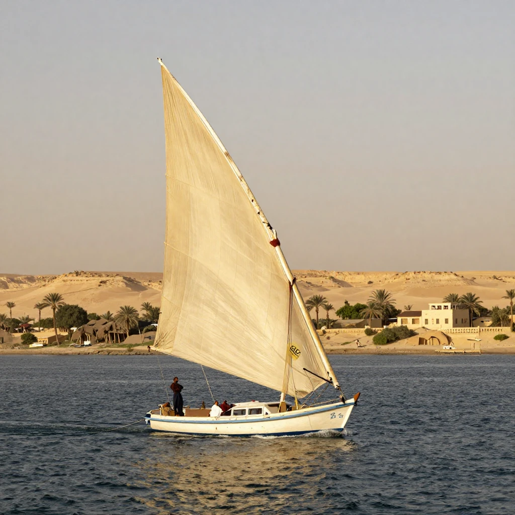 A felucca sailing gracefully on the Nile River in ancient Eg...