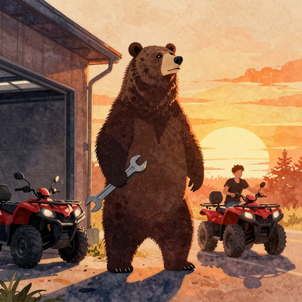 Watercolor style. A silhouette of a large wise bear standing...