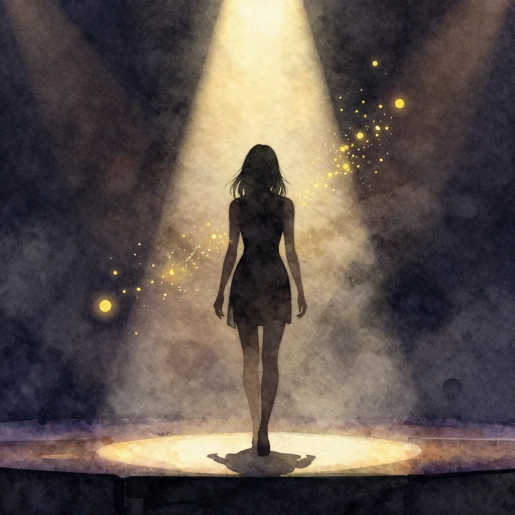 A watercolor painting of a lone female silhouette on a stage...