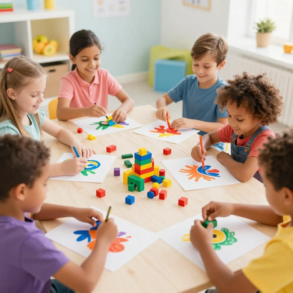 A group of happy, diverse children enthusiastically engaged ...