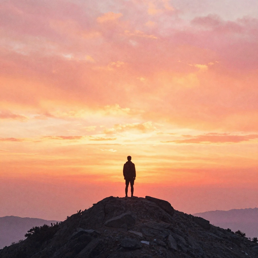A lone silhouette of a person standing on a mountain peak at...