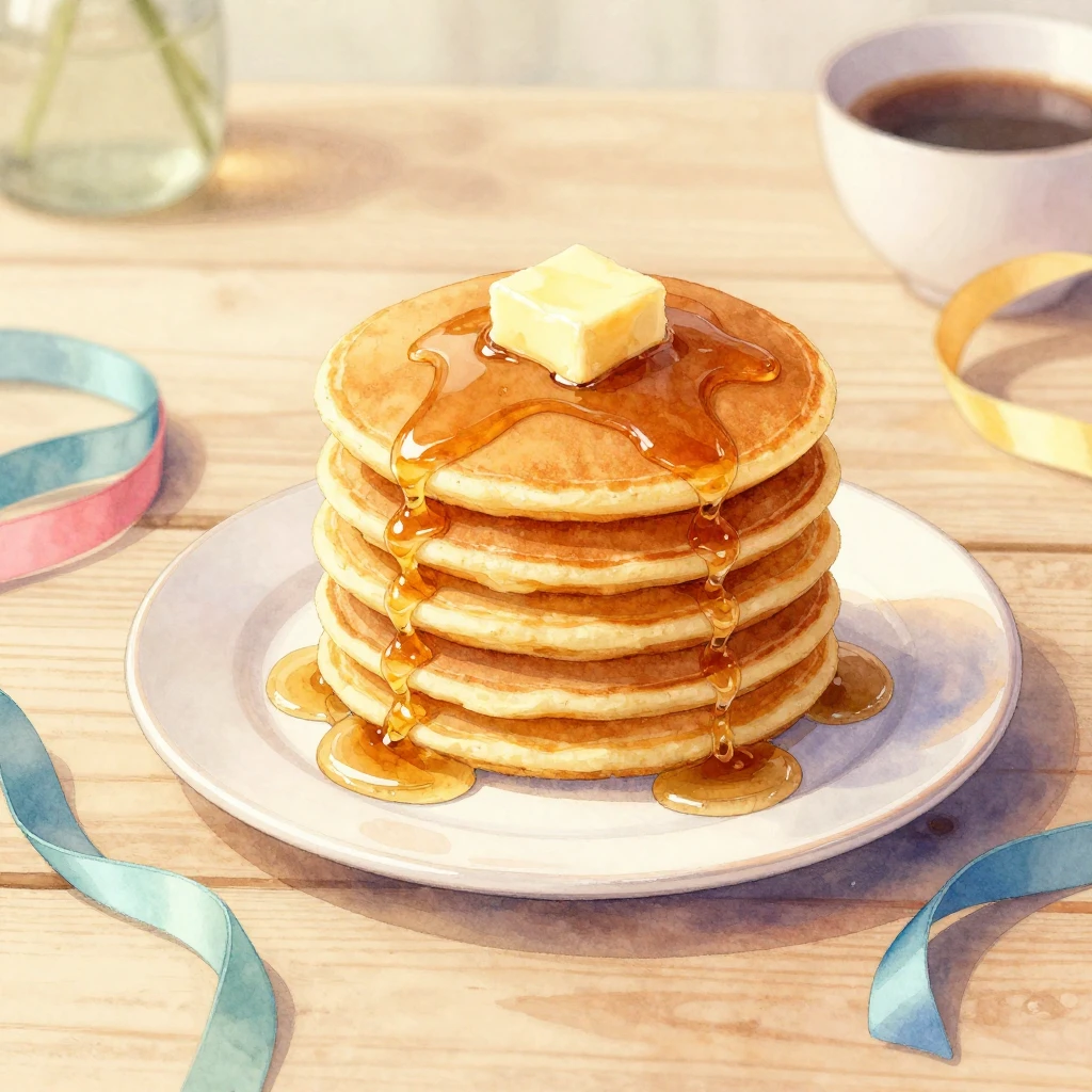 A watercolor painting of a tall stack of golden pancakes on ...