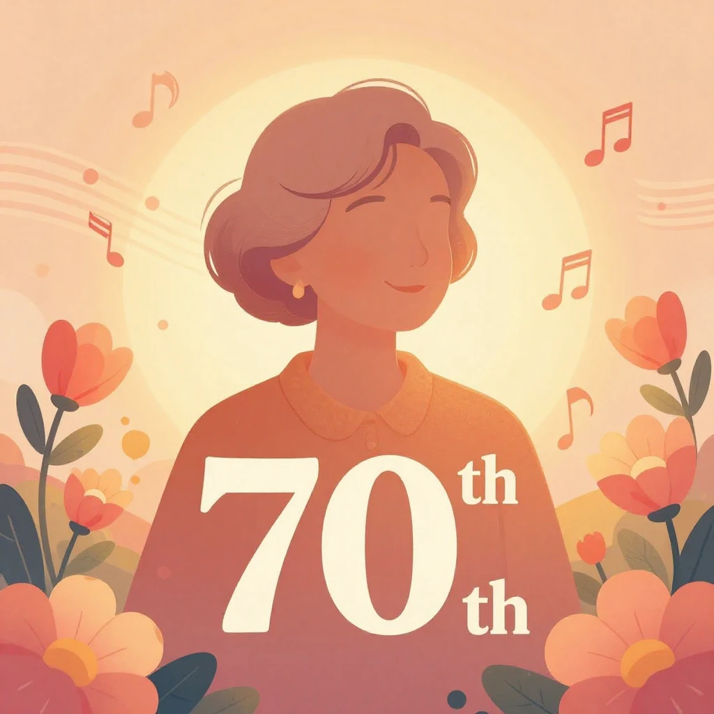 A vibrant illustration for a 70th birthday, focusing on warm...