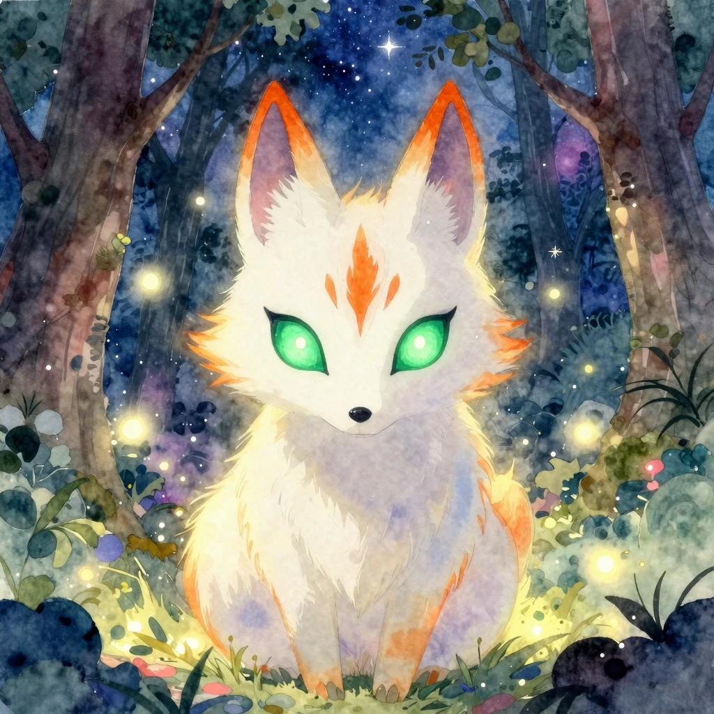 Vibrant watercolor painting of a mystical kitsune with glowi...