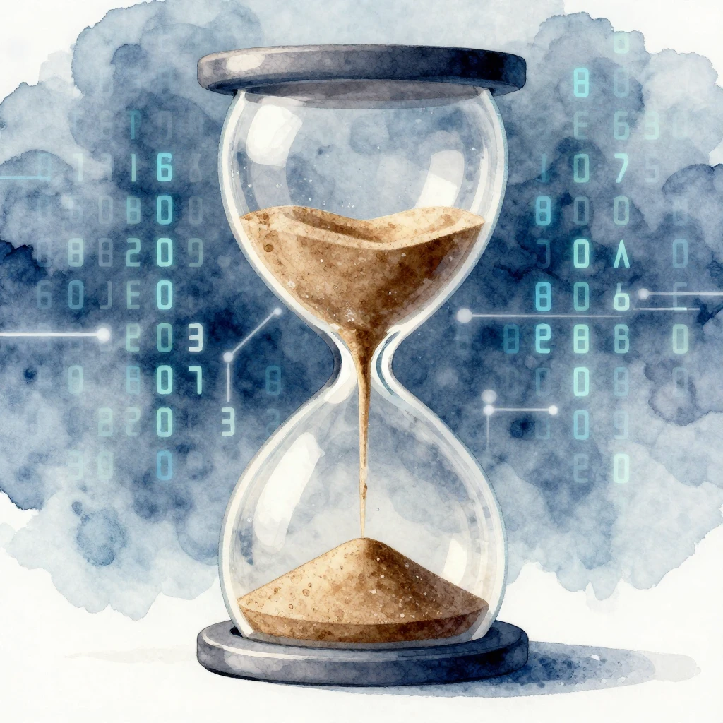 An hourglass with sand turning into digital bits and code. A...