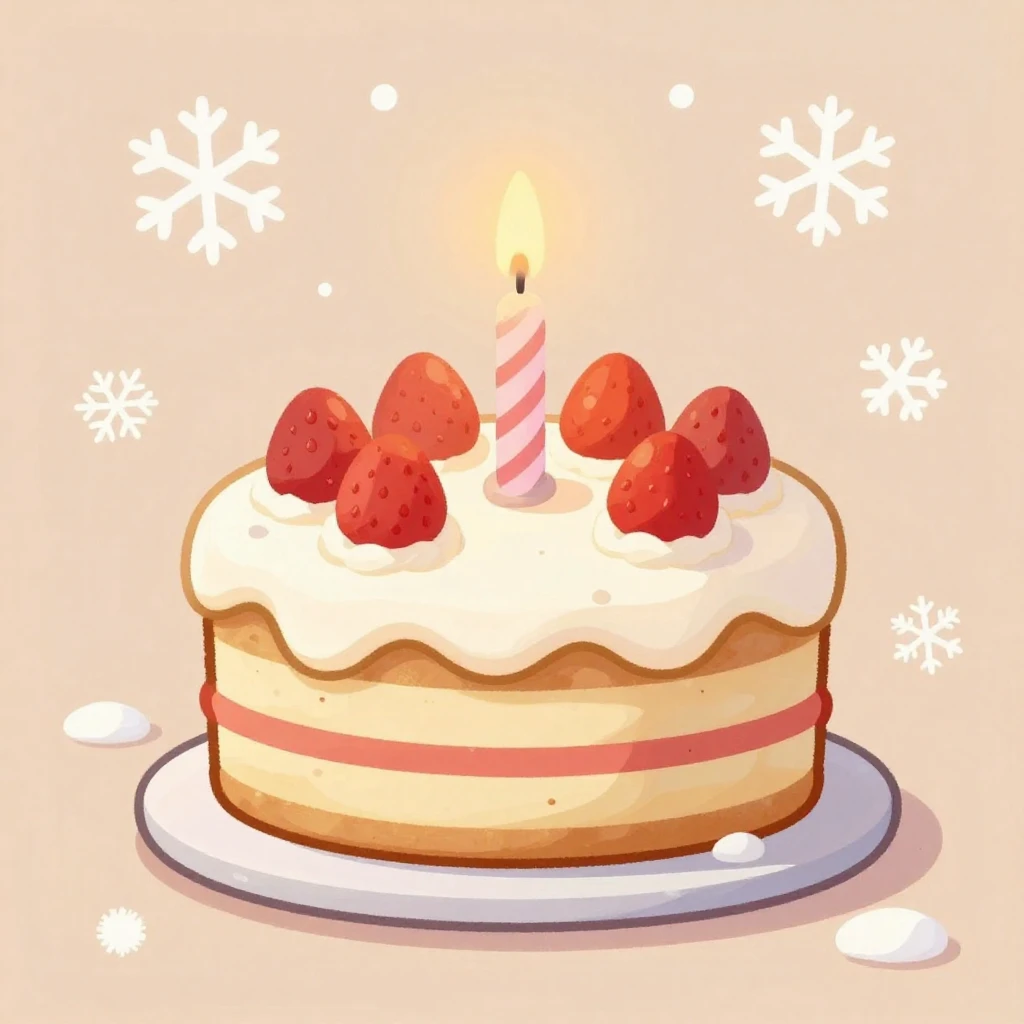 A whimsical illustration of a birthday cake surrounded by su...