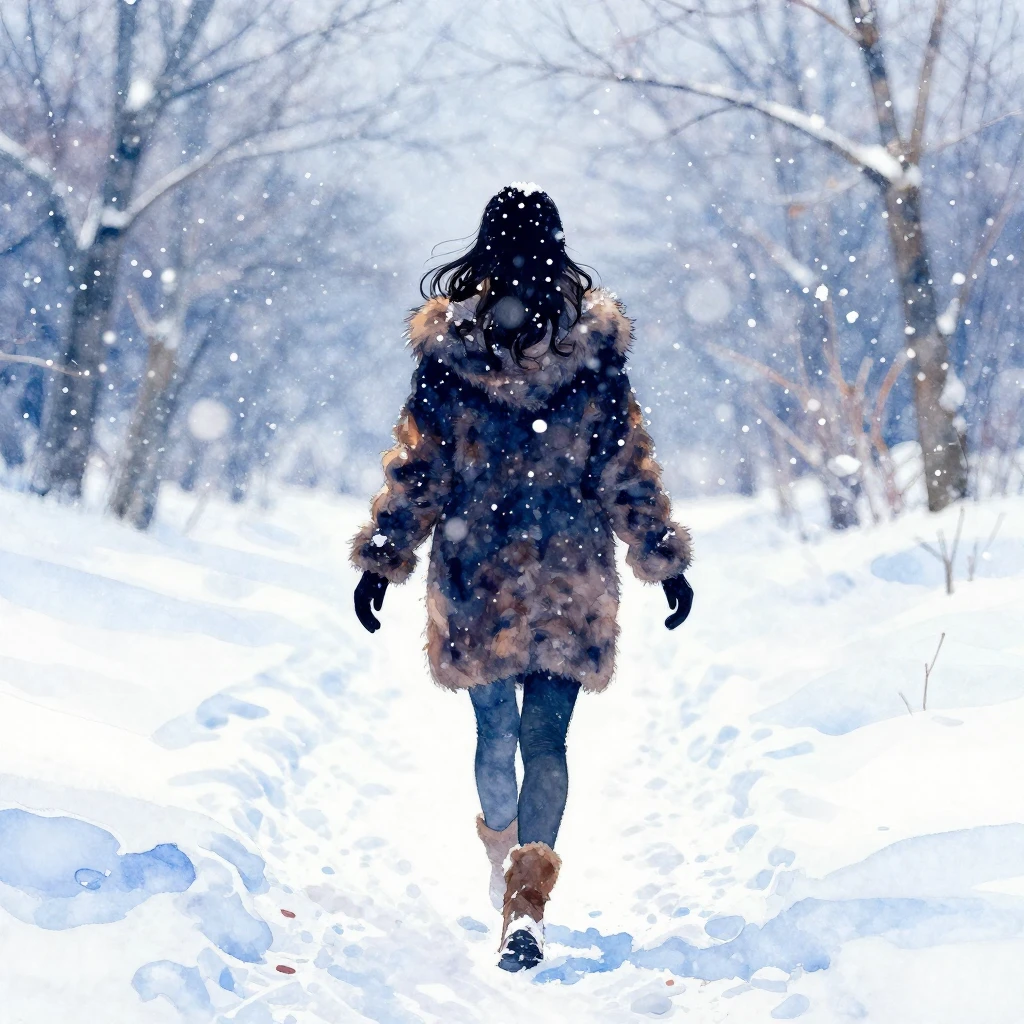 Vibrant watercolor painting of a girl's silhouette in a fur ...