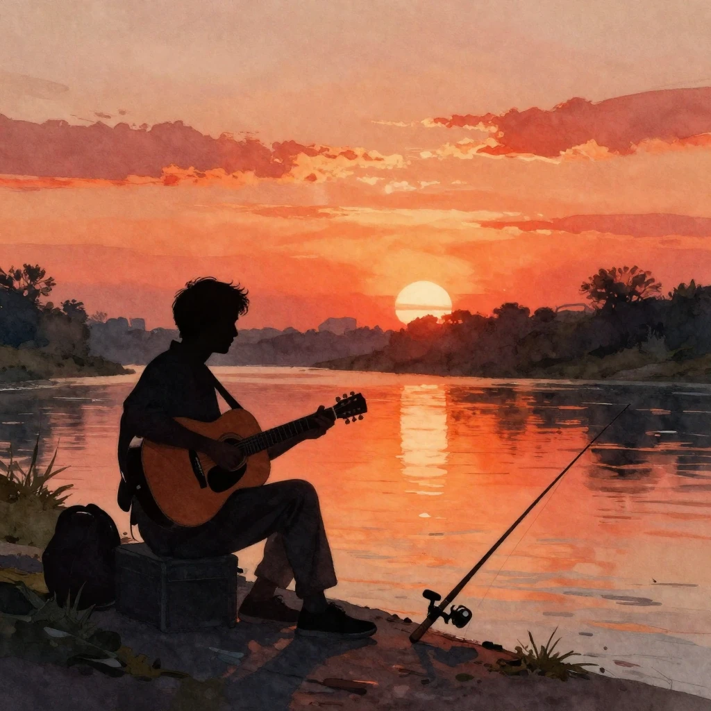 A watercolor silhouette of a man sitting peacefully by a cal...